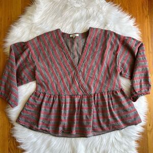 Madewell Gray and Red Striped Peplum Wrap Top